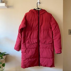 Everlane Long Puffer Jacket in Ruby